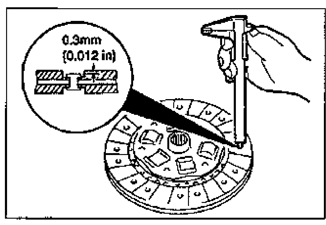 Measuring the clutch disc lining thickness at a rivet head with vernier calipers; magnified inset shows the minimum thickness 0.3 mm {0.012 in} from rivet head to lining surface.