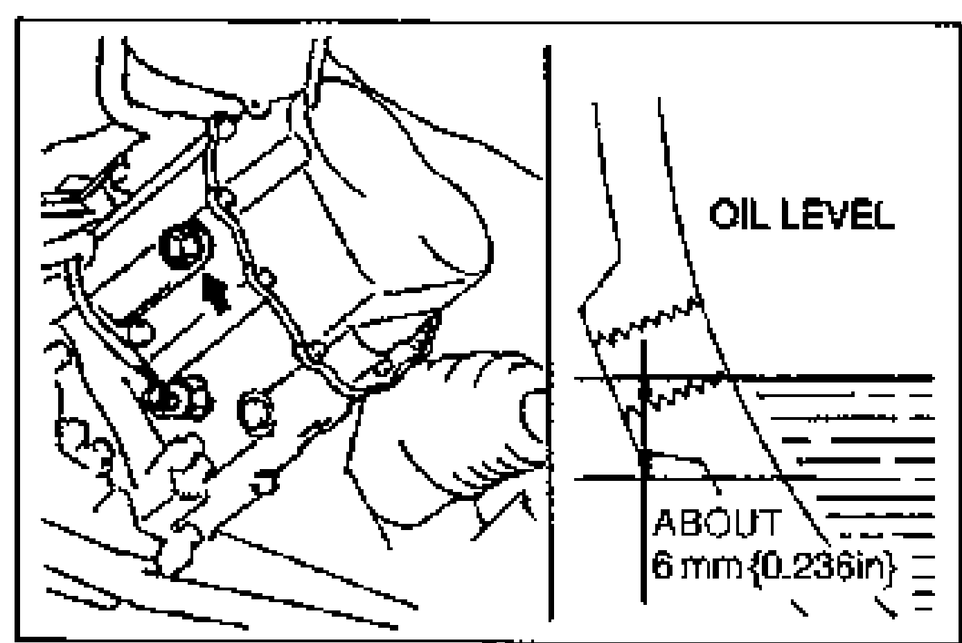 Two-part illustration: left shows the transaxle case with the oil level plug location and a hand checking the level; right is a detail of the OIL LEVEL showing the level should be ABOUT 6 mm {0.236 in} below the plug port.