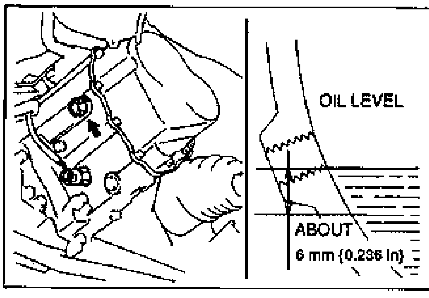 Two-part illustration: left shows the transaxle case with oil level plug and a hand adding oil; right is a detail of the OIL LEVEL showing the level reaching ABOUT 6 mm {0.236 in} below the plug port.