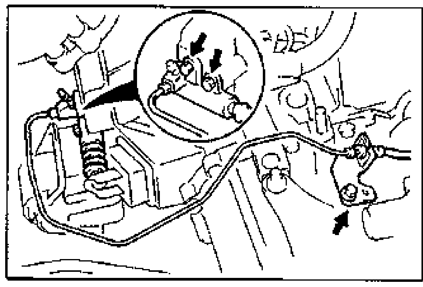Photo of the clutch release cylinder mounting area with a magnified inset circle showing two mounting bolts (arrows). A third arrow at the lower right points to the clutch pipe routing. Illustrates the Removal Note for the clutch release cylinder.