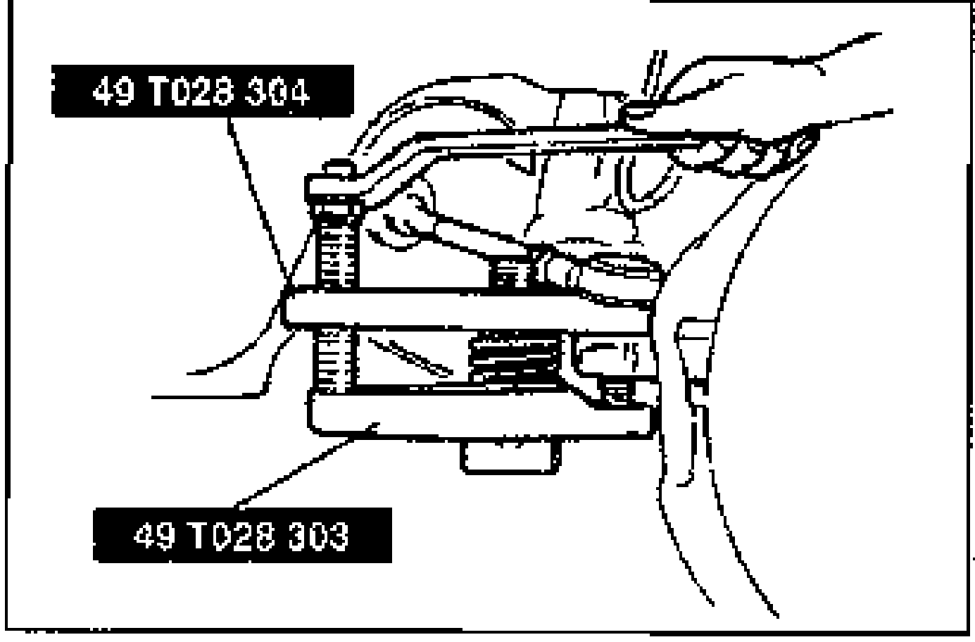Illustration of the tie rod end being disconnected from the steering knuckle using two special service tools, labelled 49 T028 304 (upper) and 49 T028 303 (lower). A hand operates the puller/separator tool on the tie rod end.