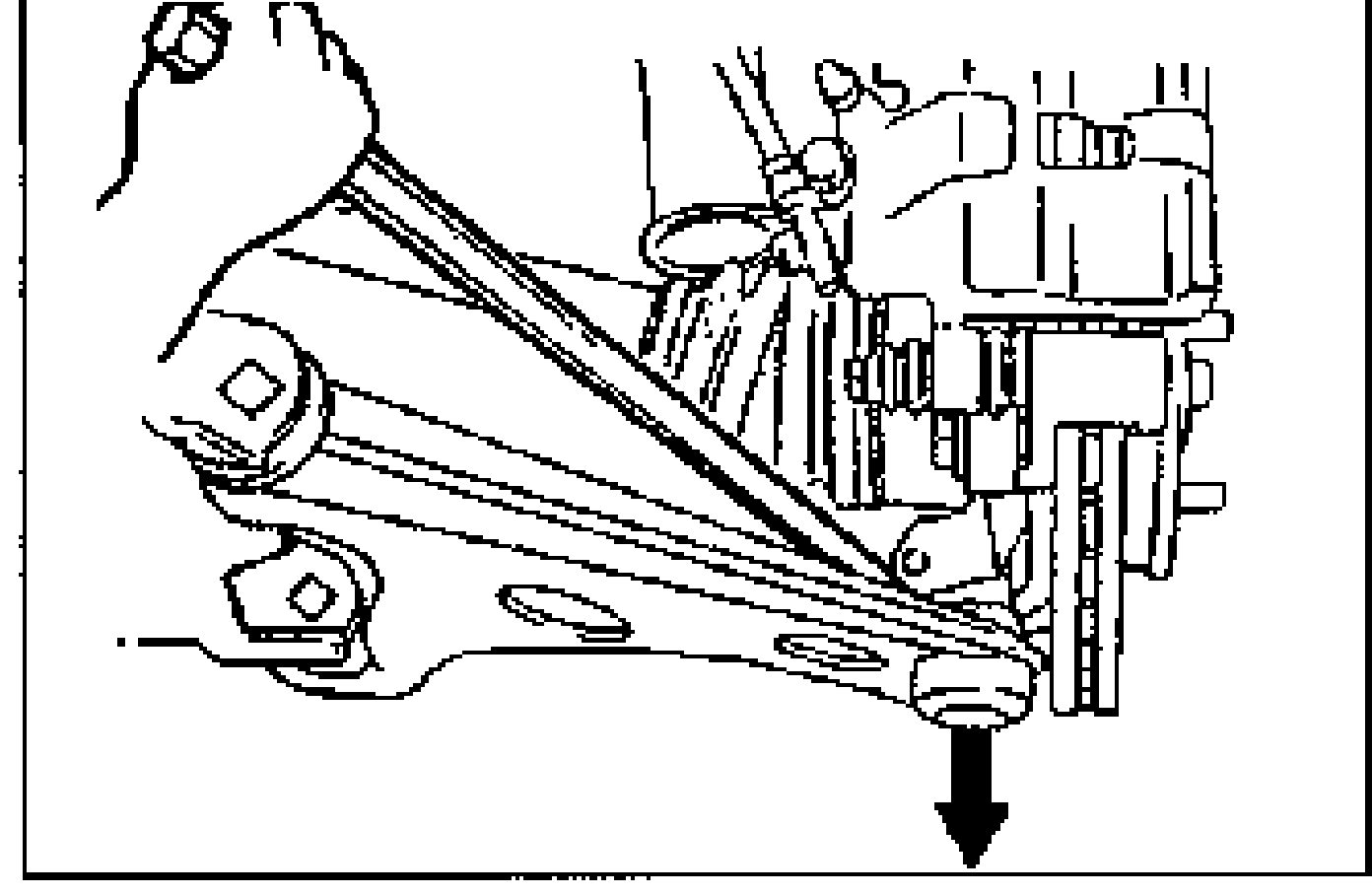 Illustration of prying the lower arm out of the steering knuckle with a pry bar; a downward arrow indicates the direction the lower arm is pried. A rag is wrapped around the ball joint dust seal.