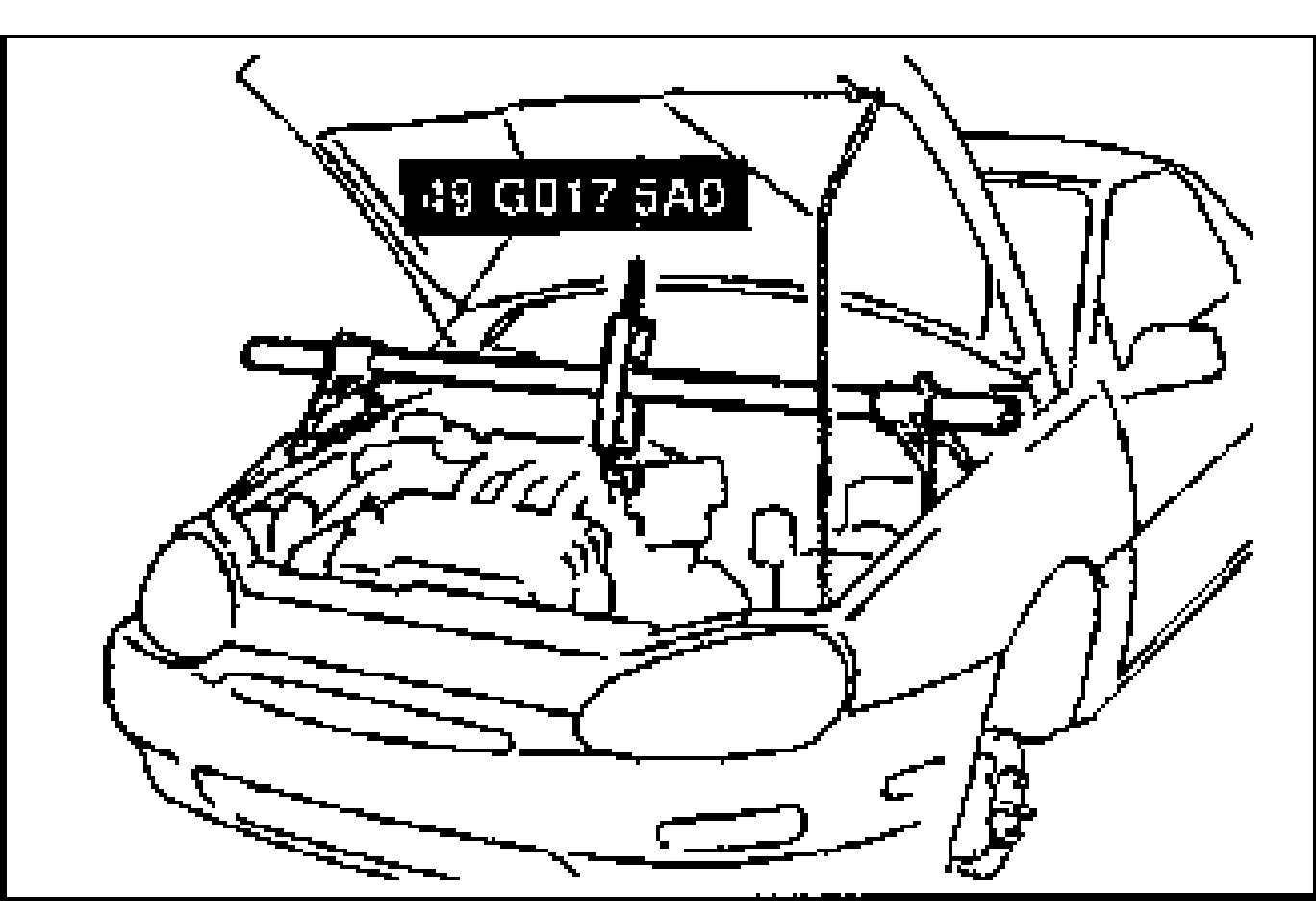 Illustration of supporting the engine from above with the SST (49 G017 5A0) engine support bar spanning the engine bay before removing the engine mounting member.