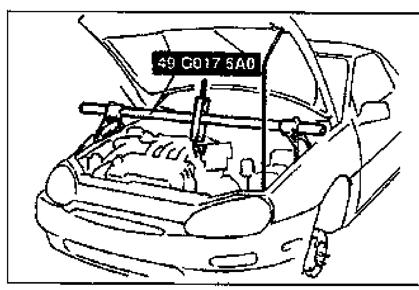 Illustration of the engine bay with the SST (49 G017 5A0) engine support bar installed across the engine compartment; the engine is leaned toward the transaxle to allow transaxle removal.