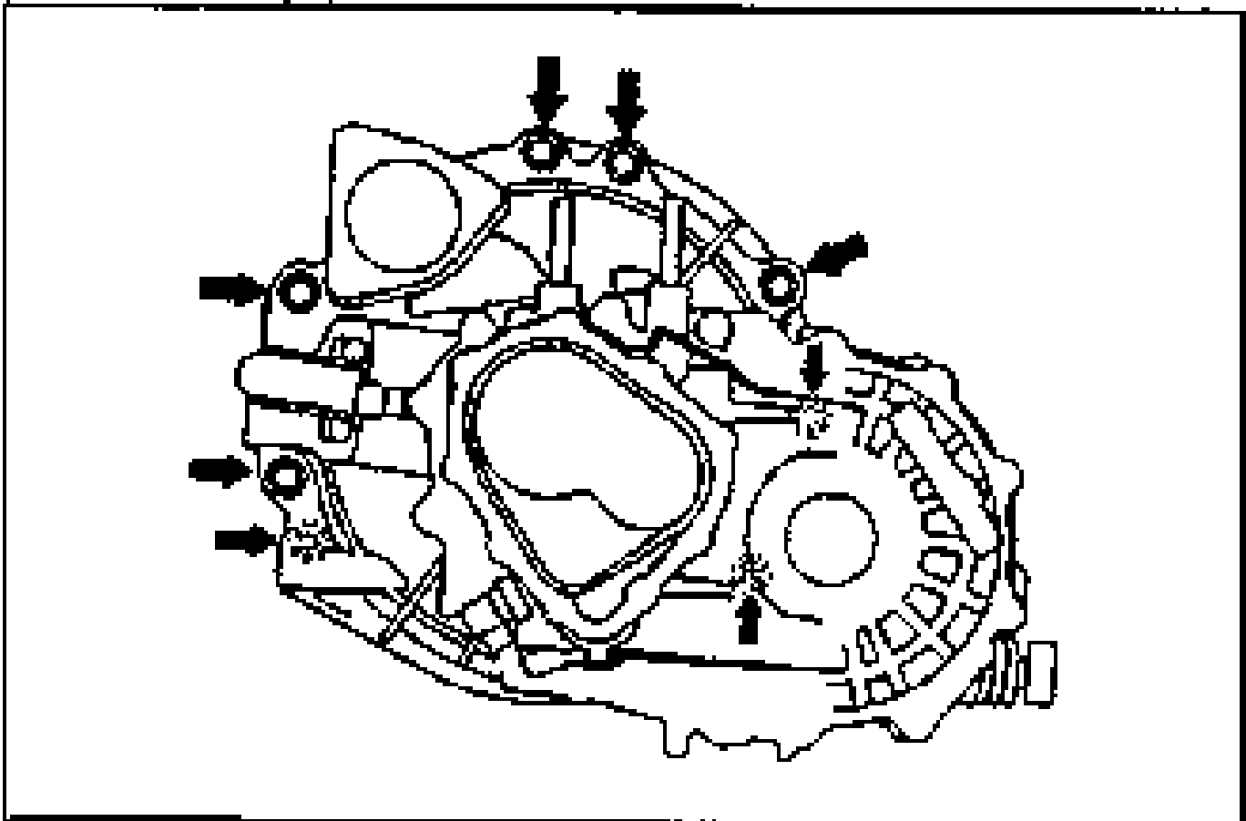 Illustration of the transaxle case showing the locations of the transaxle mounting bolts; arrows point to each mounting bolt to be removed.