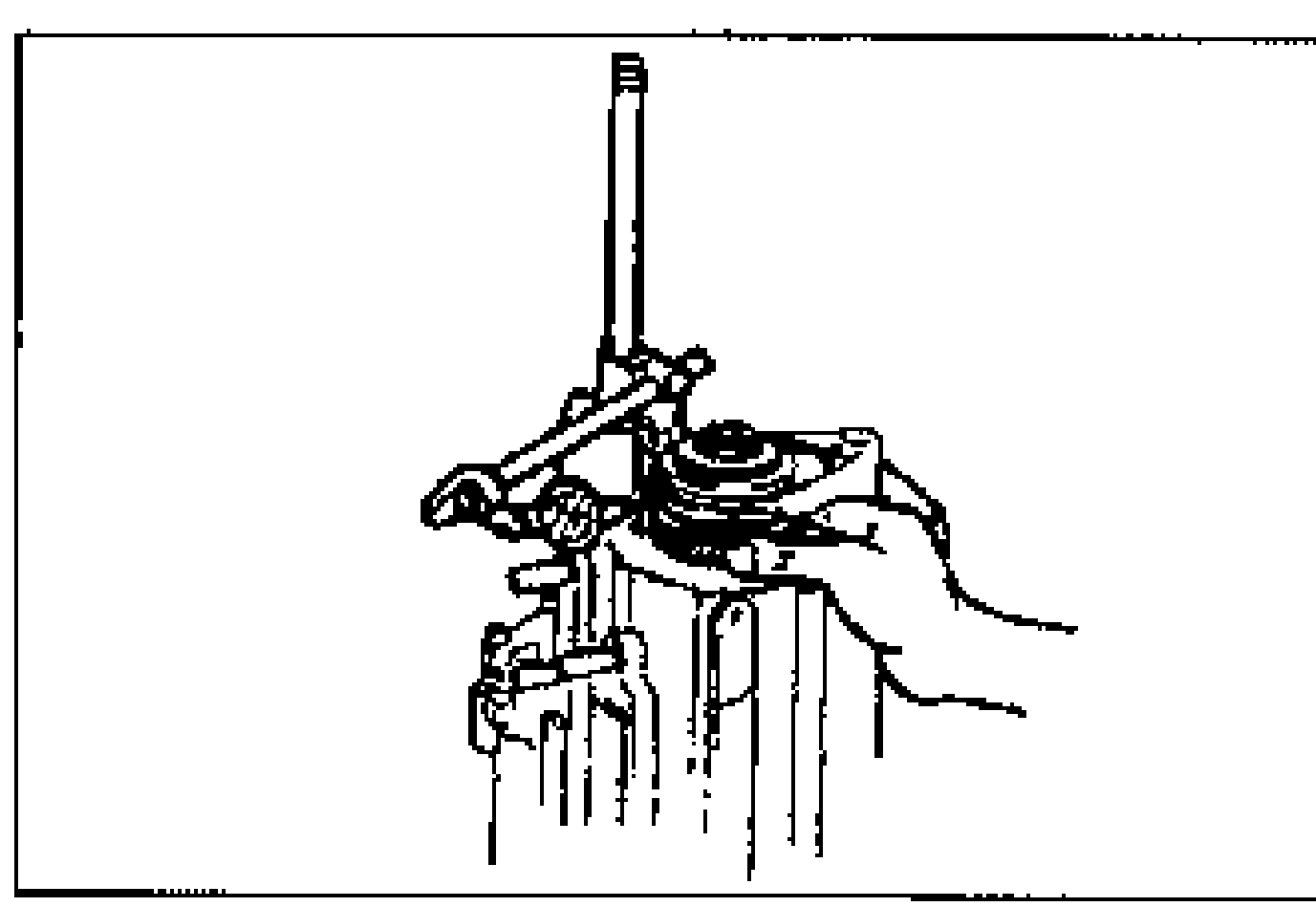 Illustration of measuring the 5th gear thrust clearance using a dial indicator mounted on the gear-shaft assembly. A hand steadies the gear while the dial-indicator plunger contacts the gear face.