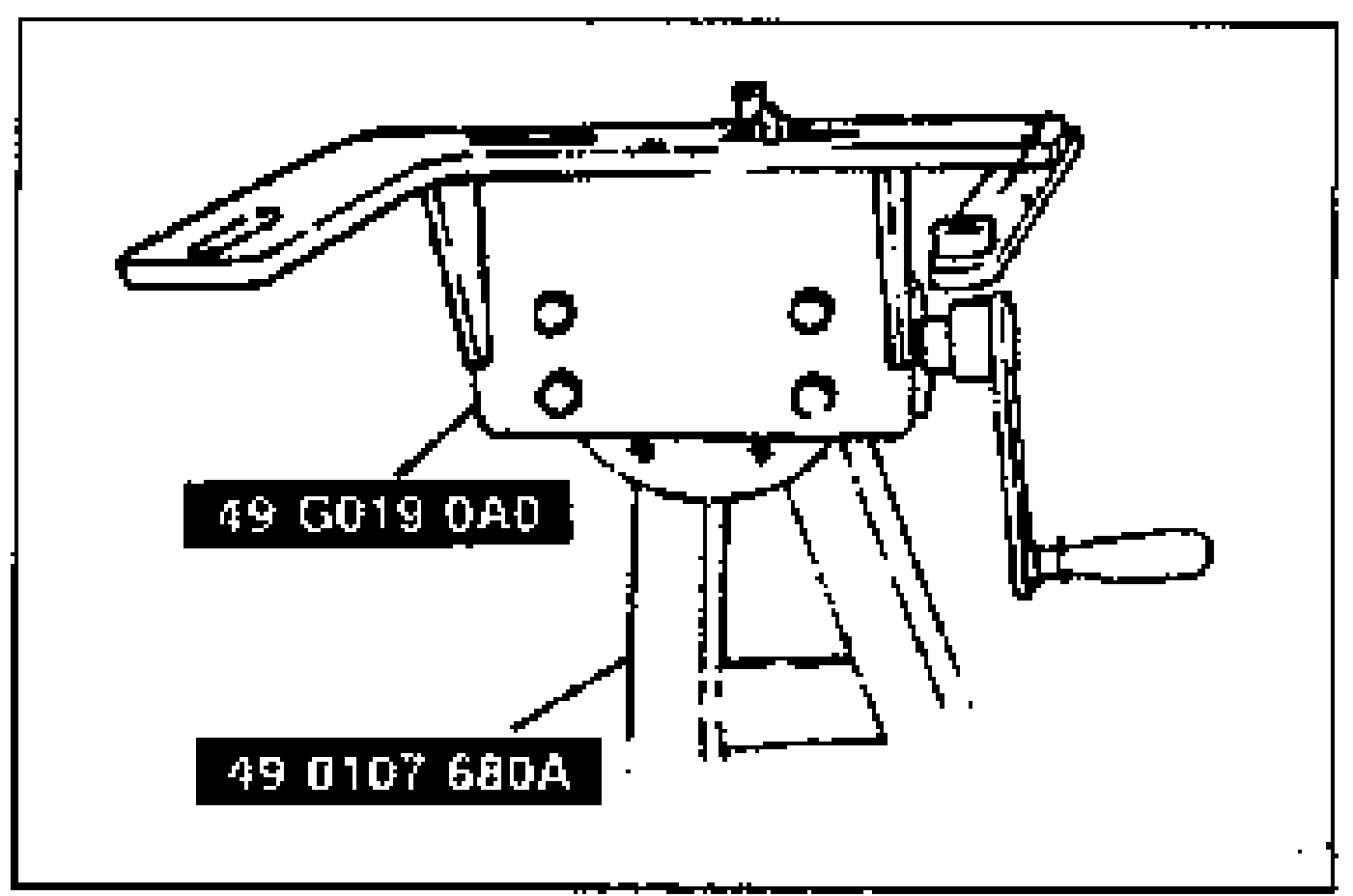 Illustration of the transaxle mounted on the SSTs (49 G019 0A0 holding fixture and 49 0107 680A handle/support) on a bench stand to loosen the locknuts.