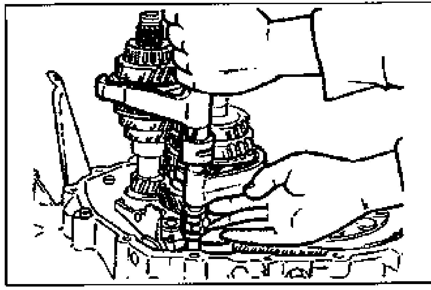 Illustration of lifting the control end and removing the steel ball while removing the control rod from the clutch housing; a hand raises both the 1st/2nd and 3rd/4th shift forks together to shift the clutch hub sleeves.