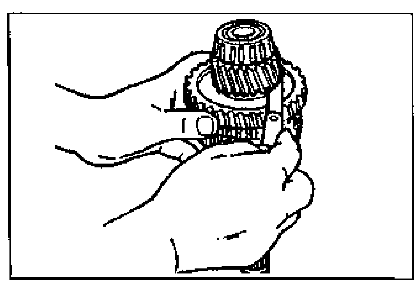 Line drawing of a hand holding the secondary shaft to measure 1st gear thrust clearance (clearance between 1st gear and the differential drive gear).