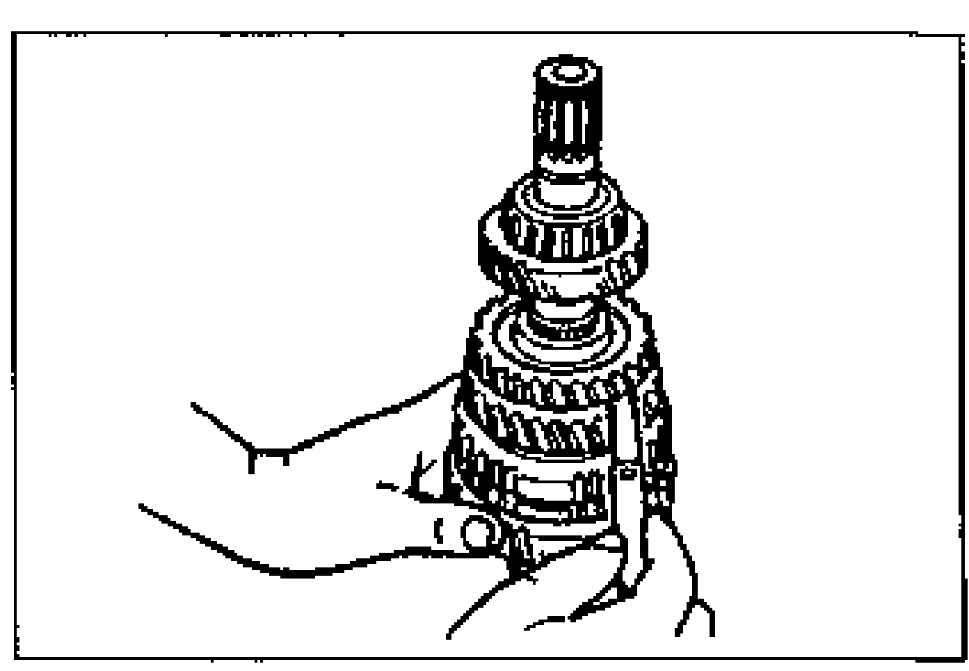 Line drawing of a hand holding the secondary shaft to measure 2nd gear thrust clearance (clearance between 2nd gear and secondary 3rd gear).