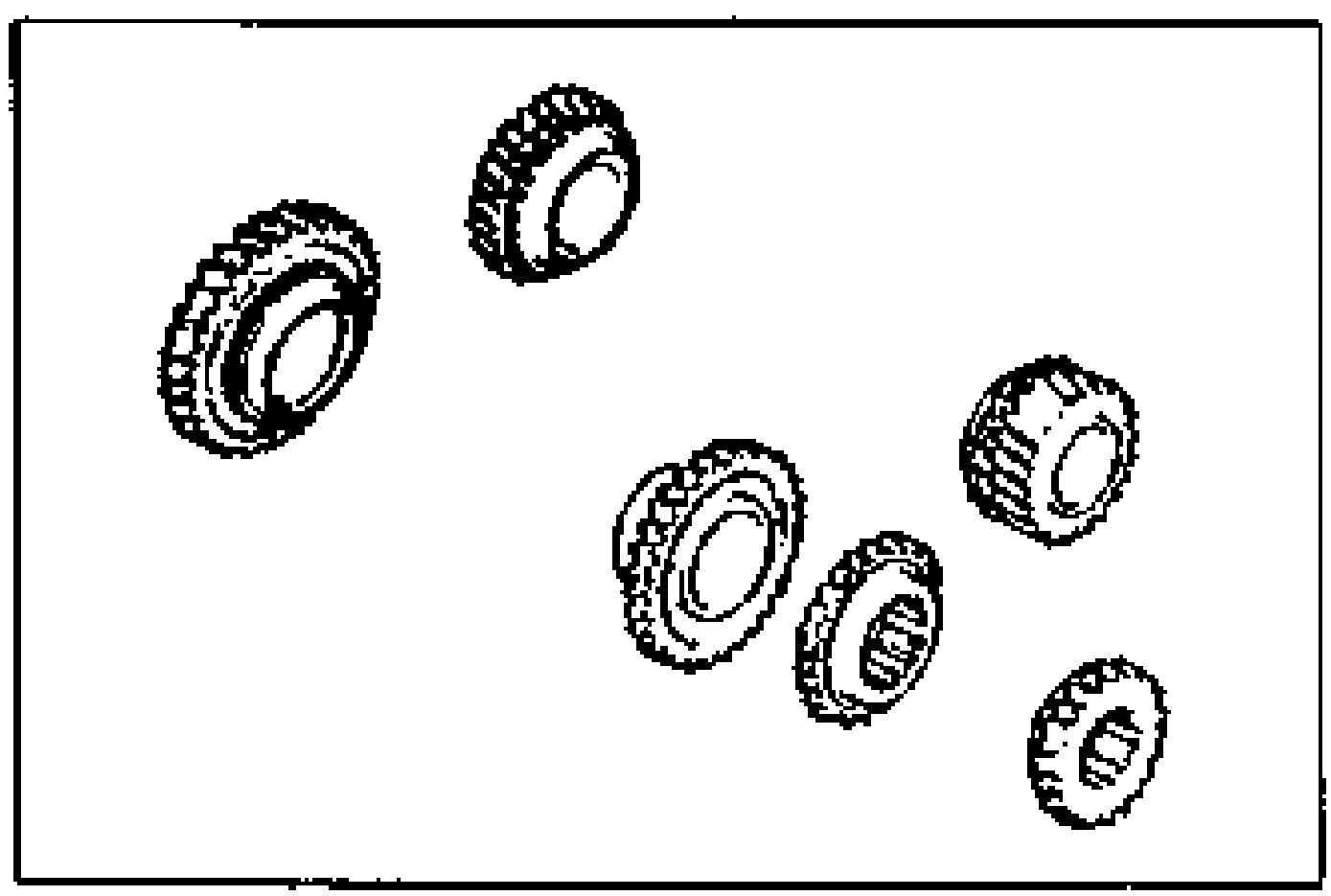 Line drawing of several disassembled gears and synchronizer rings laid out, illustrating the gear inspection (synchronizer cones, gear teeth, synchronizer ring matching teeth).