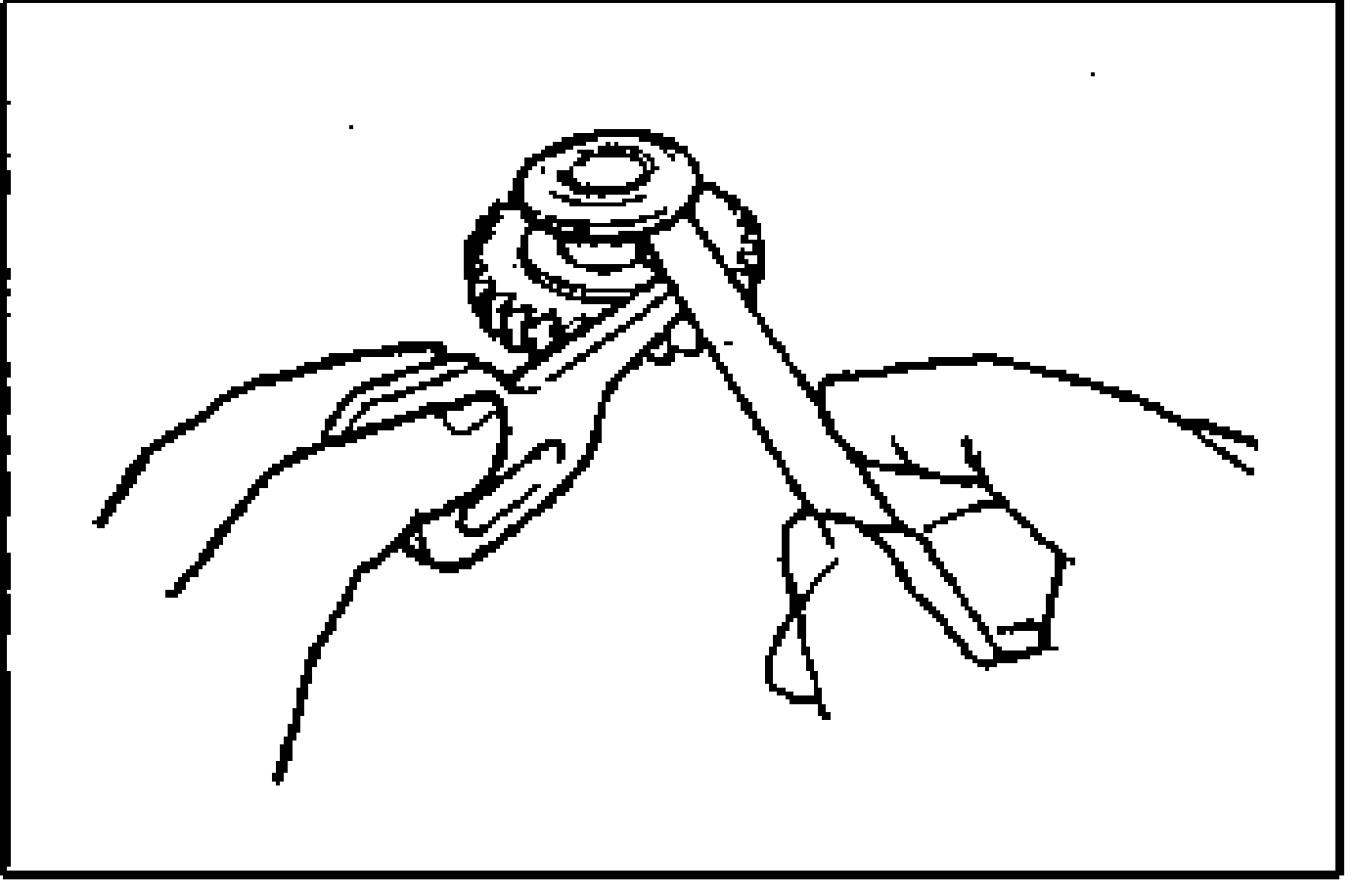 Line drawing of hands using a vernier caliper to measure the clearance between the reverse idler gear bushing and the reverse lever.
