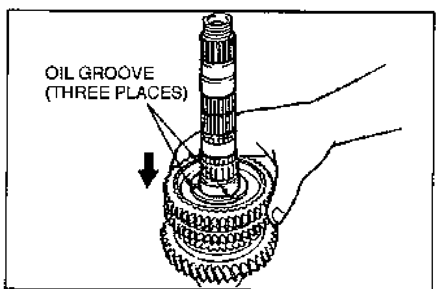 Line drawing of assembling 1st gear, 1st synchronizer ring and 1st/2nd clutch hub assembly onto the secondary shaft, with an arrow and label 'OIL GROOVE (THREE PLACES)' pointing to the oil grooves.