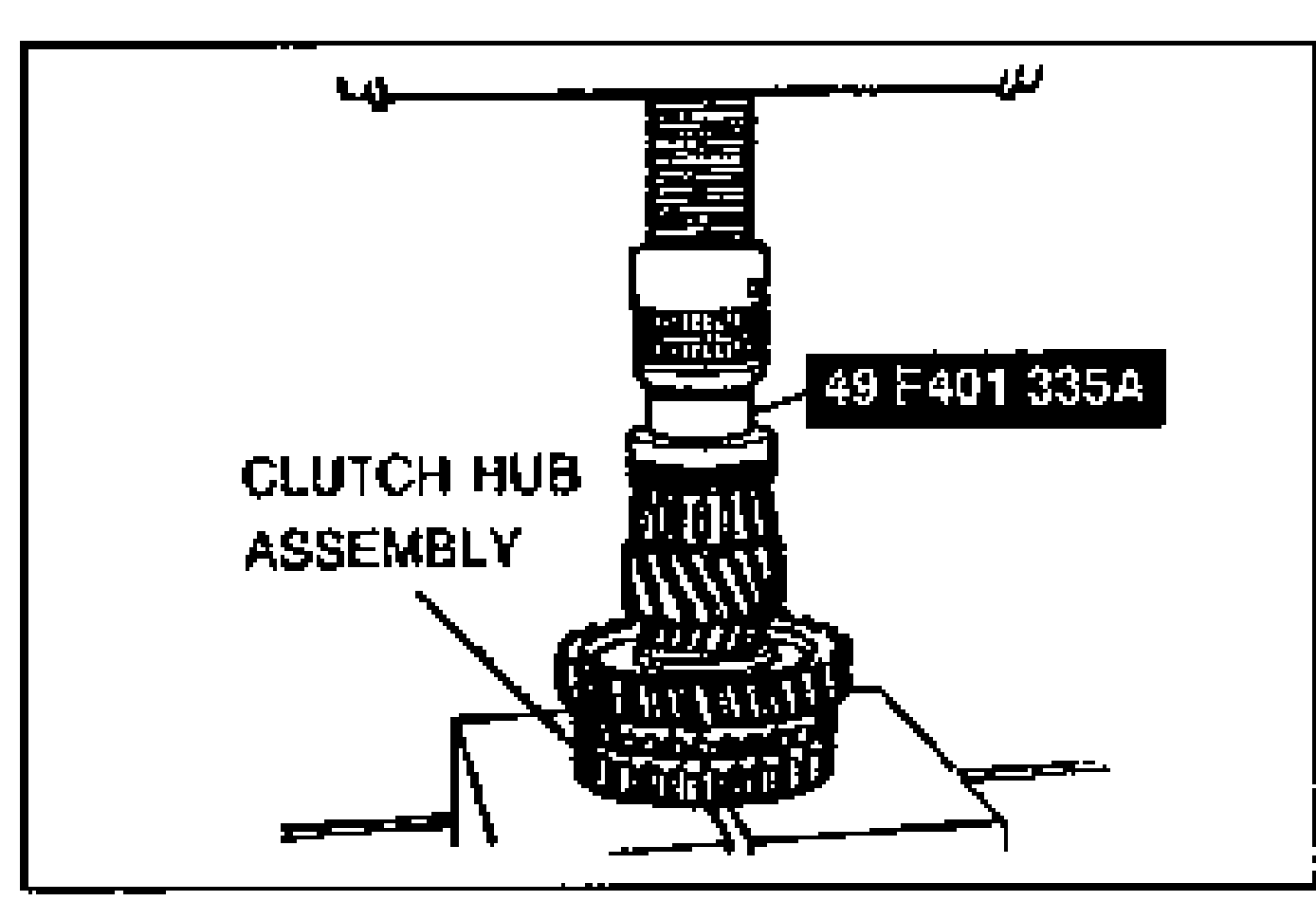 Press setup pressing the 1st/2nd clutch hub assembly onto the secondary shaft using SST 49 F401 335A. Clutch hub assembly labeled with leader line at lower left.