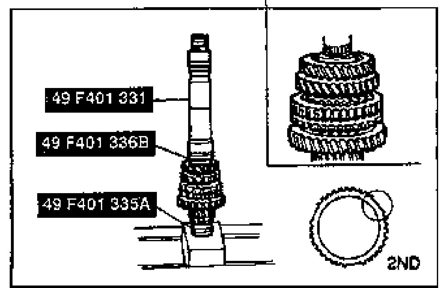Installing the secondary 3rd gear onto the secondary shaft using SST. Tools 49 F401 331, 49 F401 336B and 49 F401 335A labeled along the shaft. Inset upper-right shows the assembled gear stack; lower-right shows the 2nd synchronizer ring labeled '2ND'.