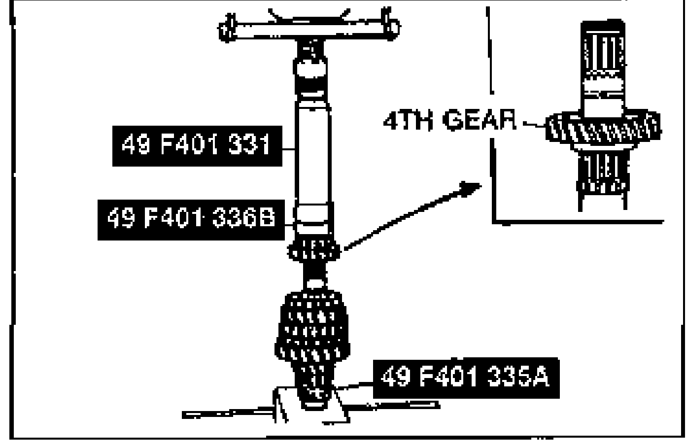 Installing the secondary 4th gear and bearing using SST. Tools 49 F401 331, 49 F401 336B and 49 F401 335A labeled along the shaft. Inset upper-right shows the 4TH GEAR with arrow indicating installation direction.