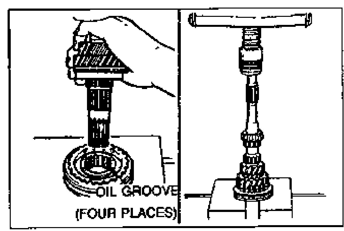 Two side-by-side detail drawings. Left: a hand placing the 3rd gear over an oil groove, labeled 'OIL GROOVE (FOUR PLACES)'. Right: pressing the 3rd gear, 3rd synchronizer ring, and 3rd/4th clutch hub assembly onto the shaft using a press.