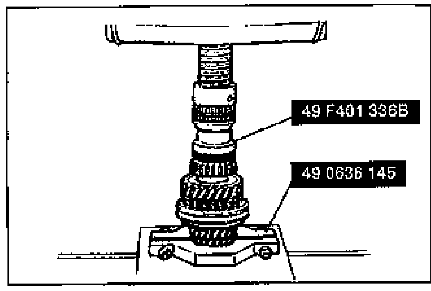 Installing the 4th synchronizer ring, 4th gear and a new bearing onto the primary shaft using SSTs. Tools 49 F401 336B and 49 0636 145 labeled along the shaft.