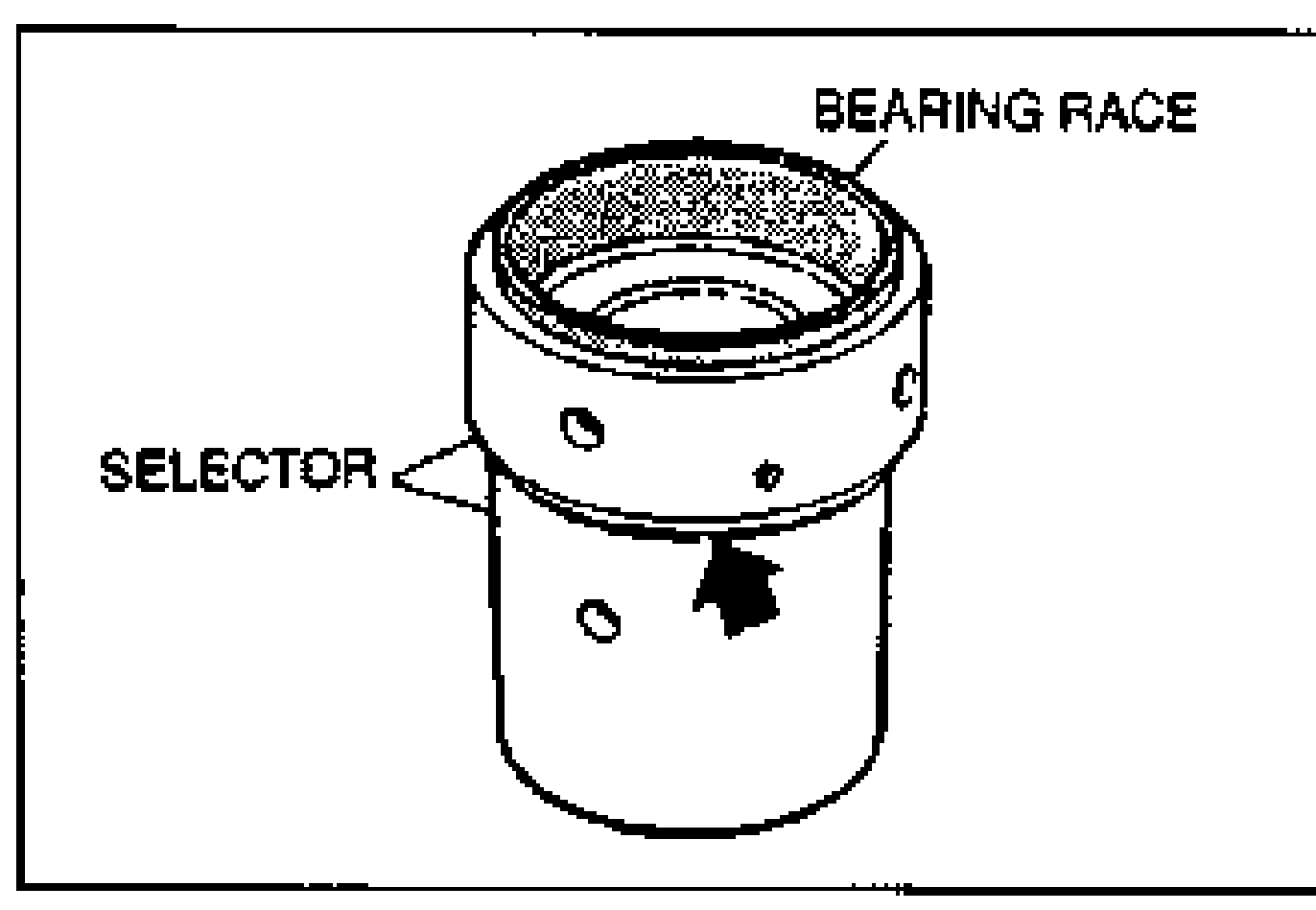 Close-up of a selector with the bearing race set into it. Callouts: BEARING RACE (top) and SELECTOR (left). An arrow points to the gap to be eliminated by turning the selector.
