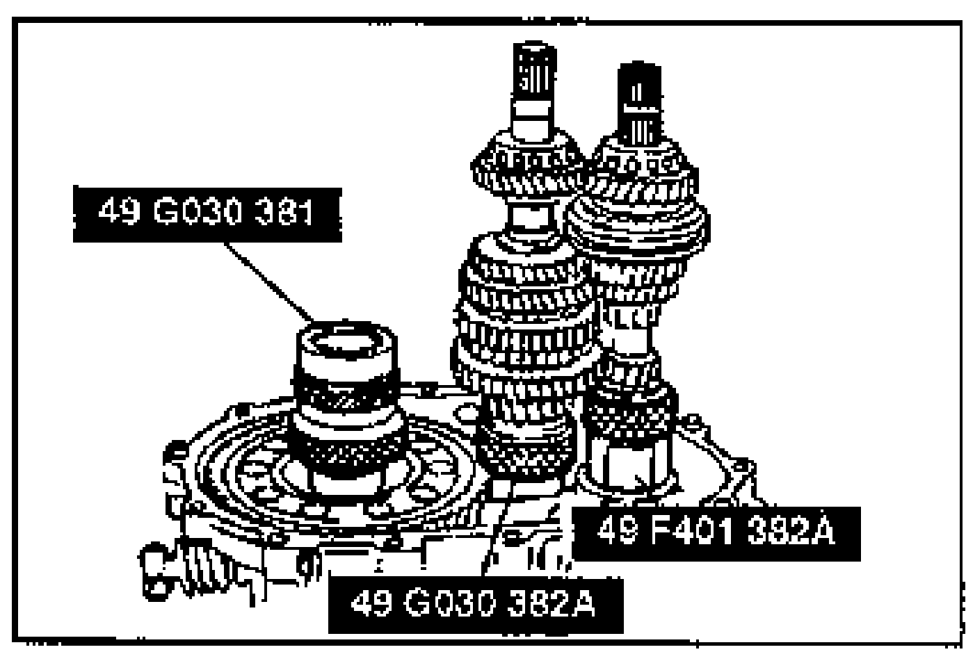 Shaft gear assemblies (primary and secondary) and differential mounted into the clutch housing with the SST selectors. Tools labeled 49 G030 381, 49 F401 382A, 49 G030 382A.