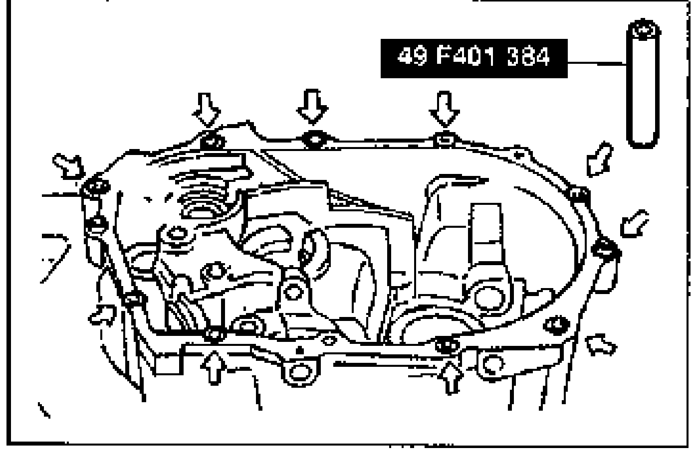 Transaxle/clutch housing face with arrows indicating where the SST collars are set. Tool 49 F401 384 labeled at upper right next to a collar.