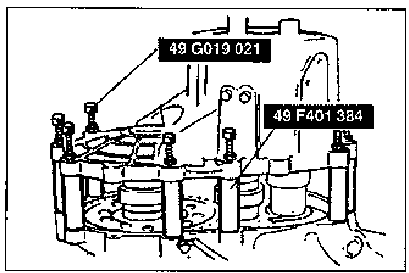 Transaxle case installed over the SST studs/collars. Tools labeled 49 G019 021 (studs) and 49 F401 384 (collar).