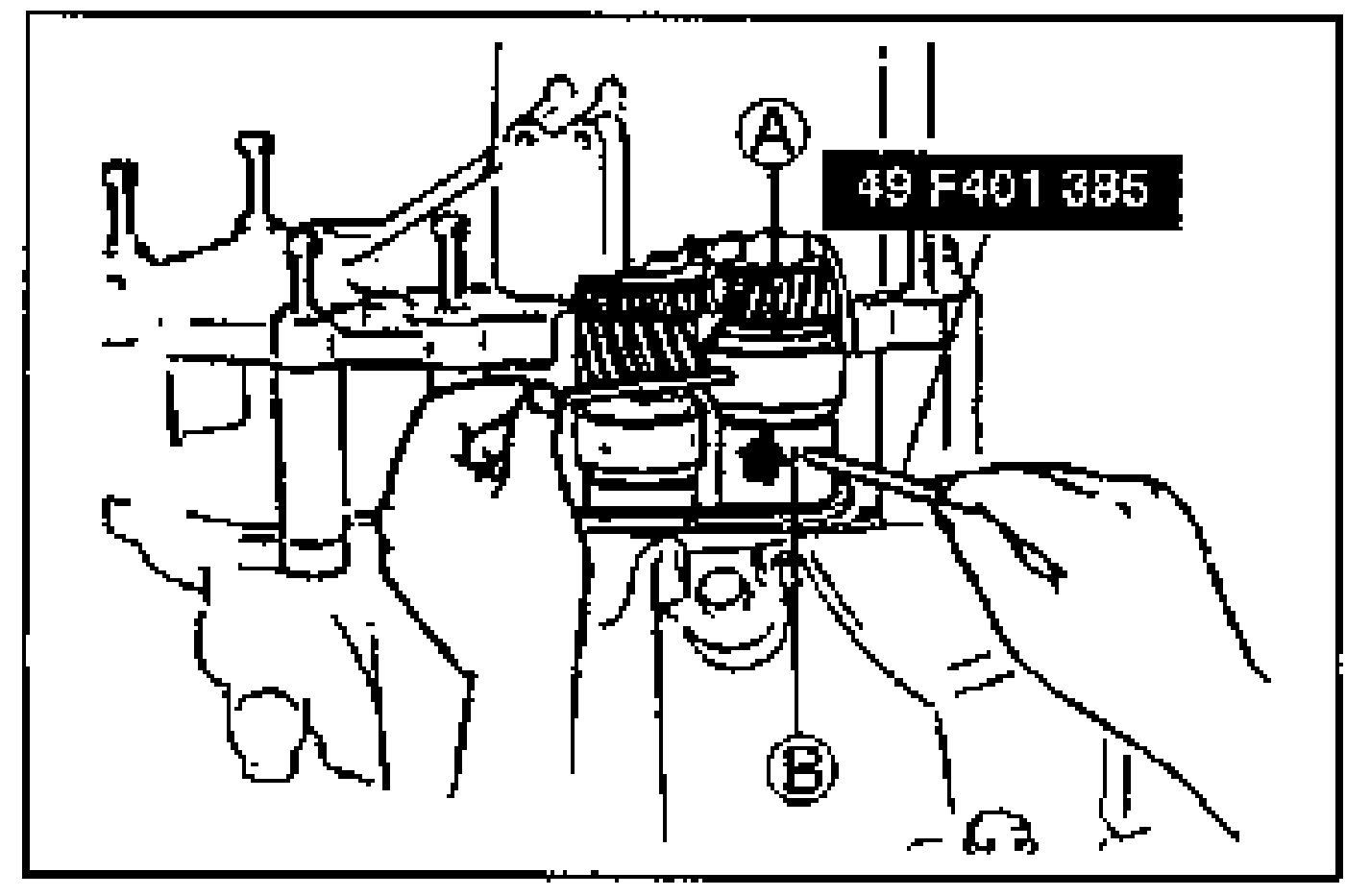 Seating the bearings by mounting the SST bars on parts A and B of the selectors and turning. Tool 49 F401 385 labeled. Callout balloons A and B mark the selector parts.