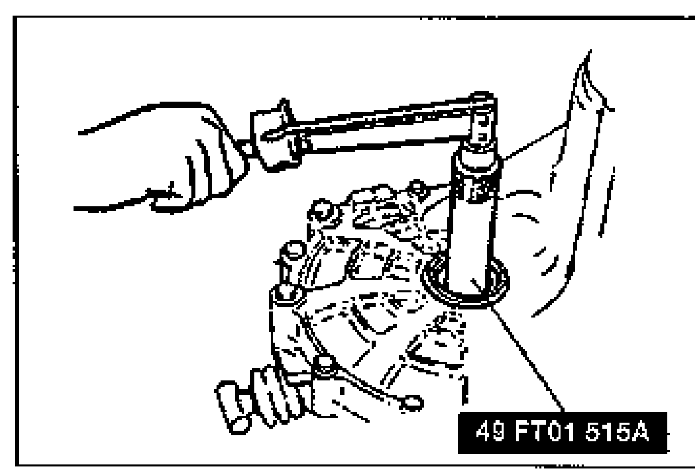Connecting a torque wrench to the SST installed on the differential to measure the bearing preload. Tool 49 FT01 515A labeled at lower right.