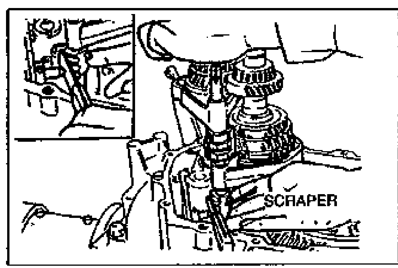 Photo showing the reverse lever shaft area with a scraper placed against the spring/steel ball; the control end edge is pressed against the scraper. The word SCRAPER is labelled near the bottom center.