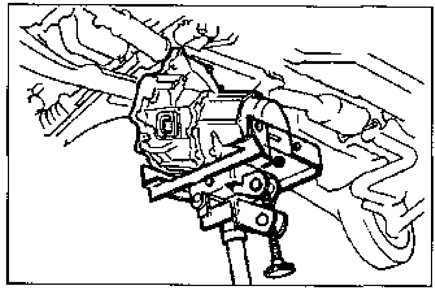 Photo of the transaxle set on a jack and being lifted into place under the vehicle, with a mounting bracket and stud bolt visible at center.