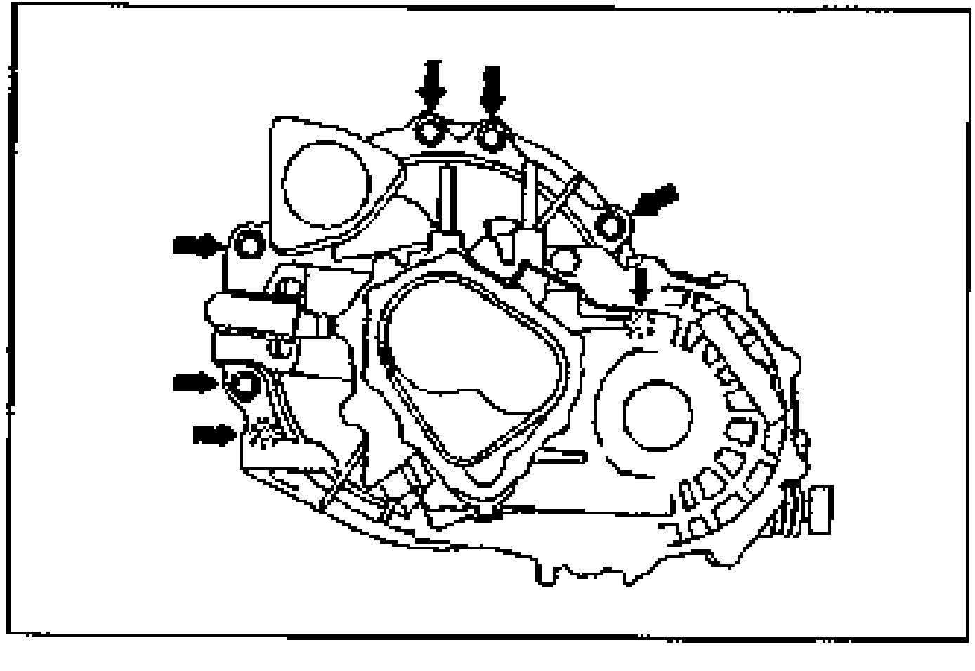 Drawing of the transaxle case with arrows pointing at the several transaxle mounting bolt locations to be installed.