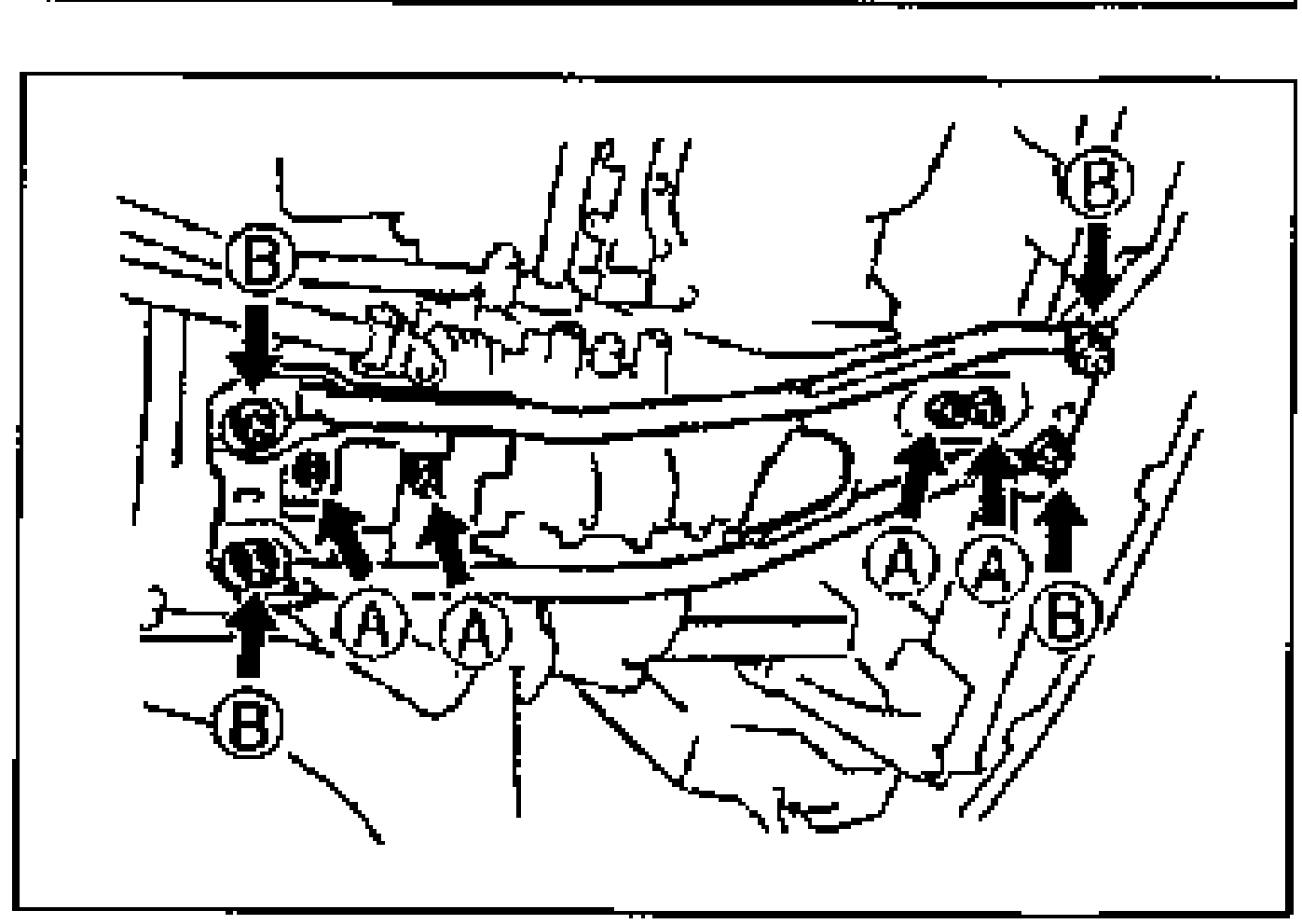 Drawing of the engine mounting member with arrows and lettered callouts A and B marking the bolt/nut locations and their differing tightening torques; No.1 and No.2 engine mount stud bolts are shown set in their installing holes.
