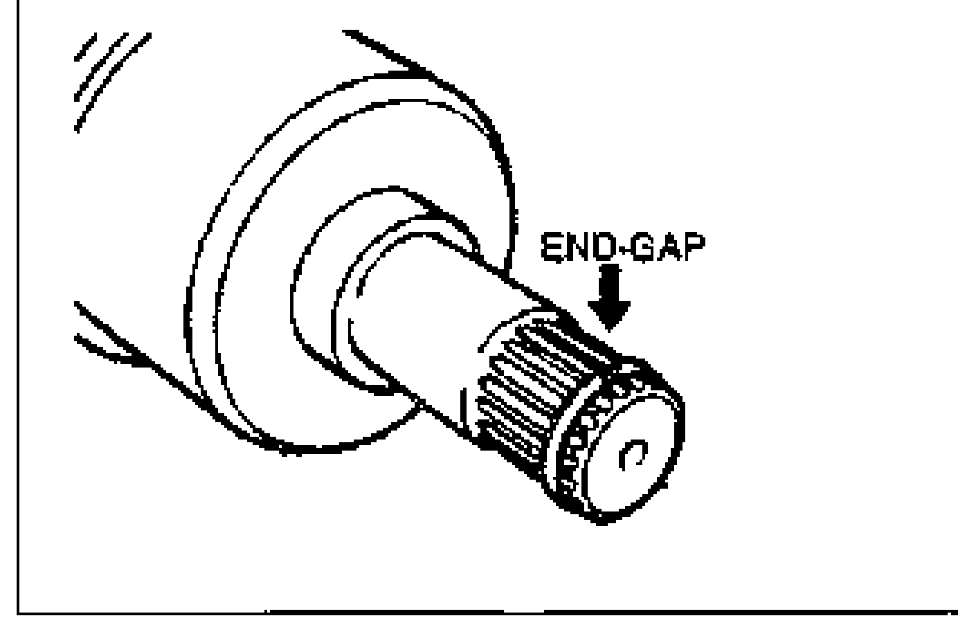 Close-up drawing of the drive shaft splined stub with the snap-ring clip groove; an arrow labelled END-GAP points to where the clip gap must sit at the top of the groove.