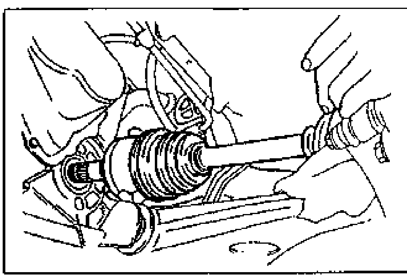 Drawing of the drive shaft being installed into the transaxle while a hand supports the outer CV joint and the knuckle/lower arm area.