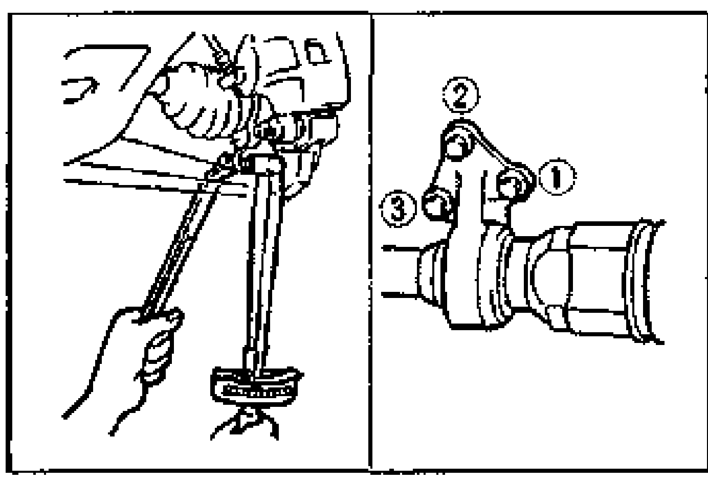Two-part drawing: left shows a hand inserting the joint shaft into the transaxle; right shows the joint shaft bracket bolted to the cylinder block with numbered tightening order callouts 1, 2, 3.