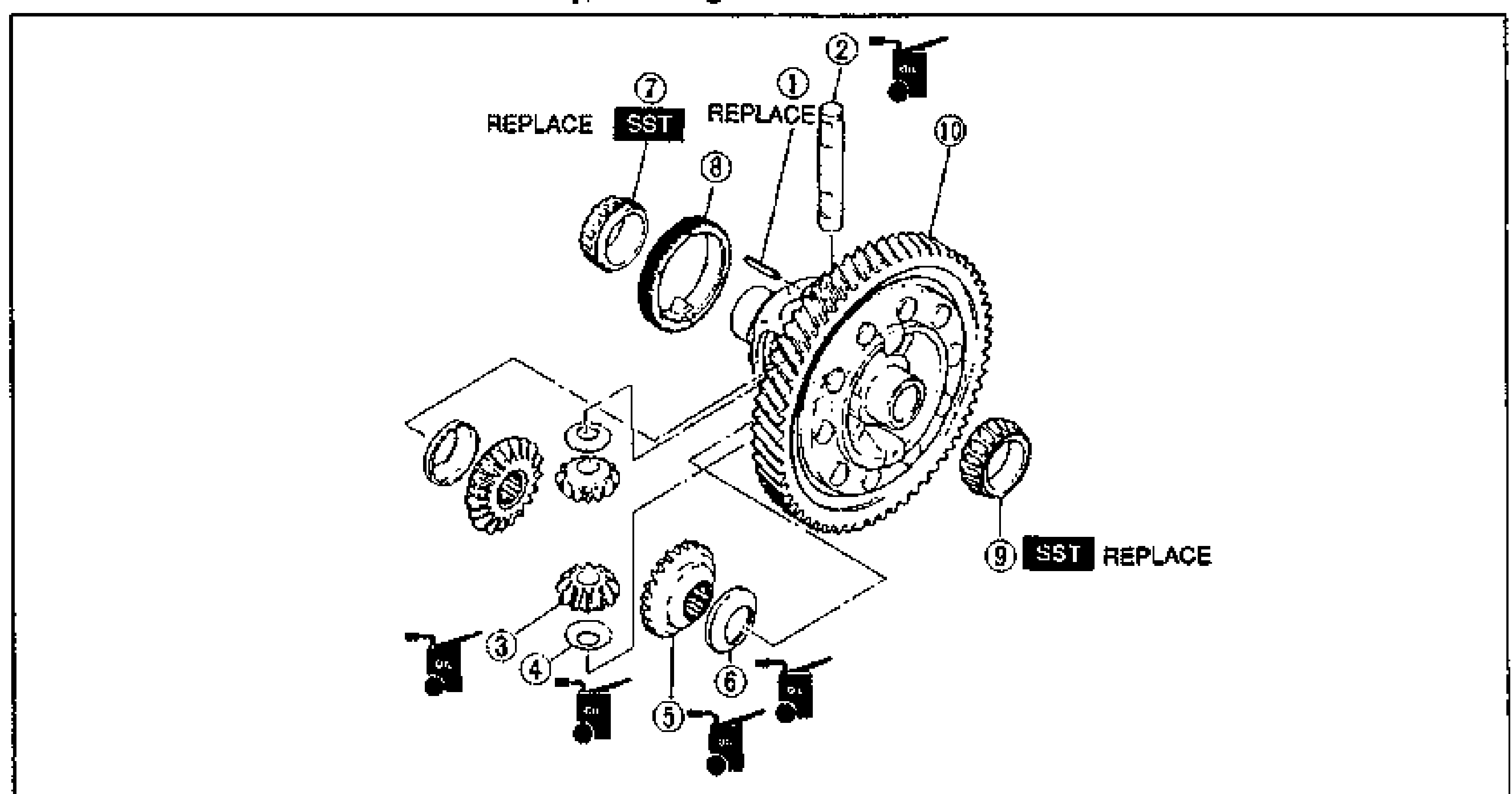 Exploded view of the differential assembly. Shows the ring gear and gear case (10) at center-right, the pinion shaft (2), pinion gears (3) and side gears (5) with thrust washers (4, 6), the roll pin (1), the speedometer drive gear (8), and the two side bearings (7 side opposite ring gear, 9 ring gear side). Balloon callouts 1-10 number the parts. Notes mark REPLACE, SST, and oil-application points on several items.