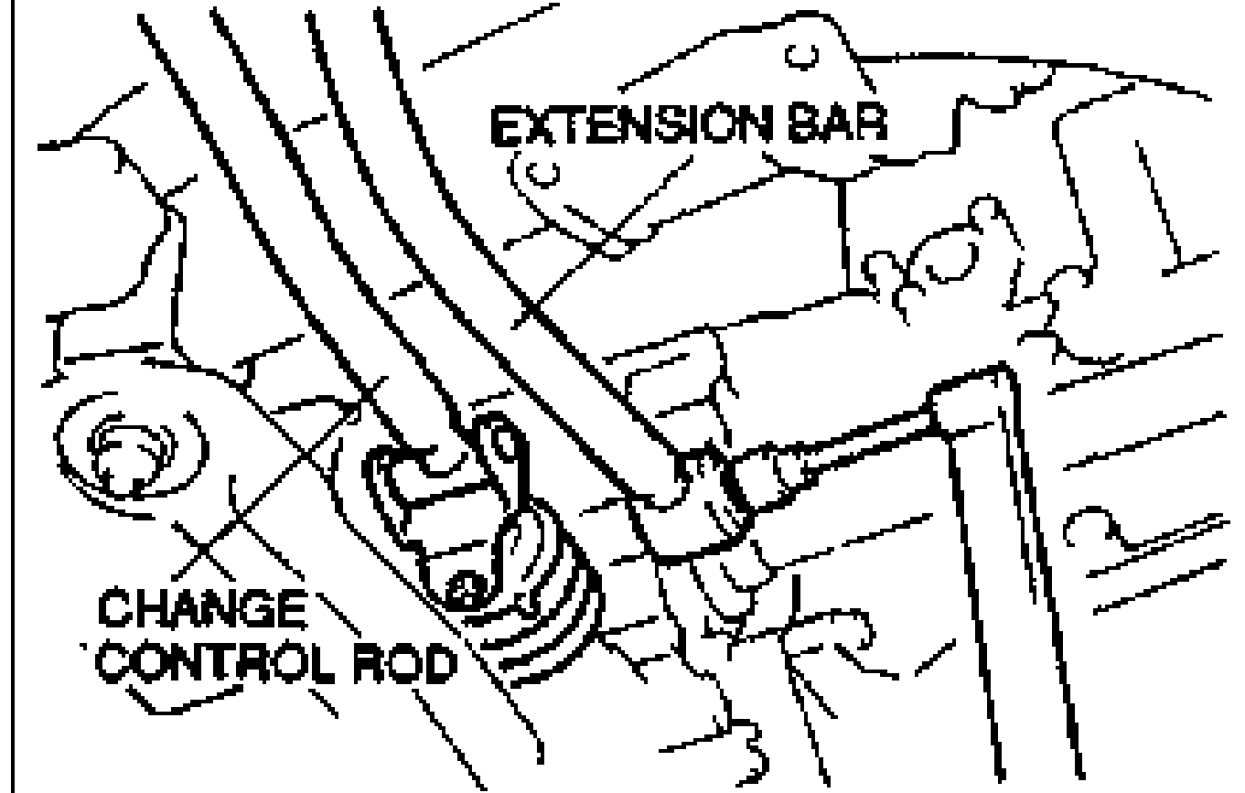 Installation view of the extension bar and change control rod onto the floor/transaxle. Labels 'EXTENSION BAR' and 'CHANGE CONTROL ROD' point to the bar joining the change control rod yoke at the transaxle.
