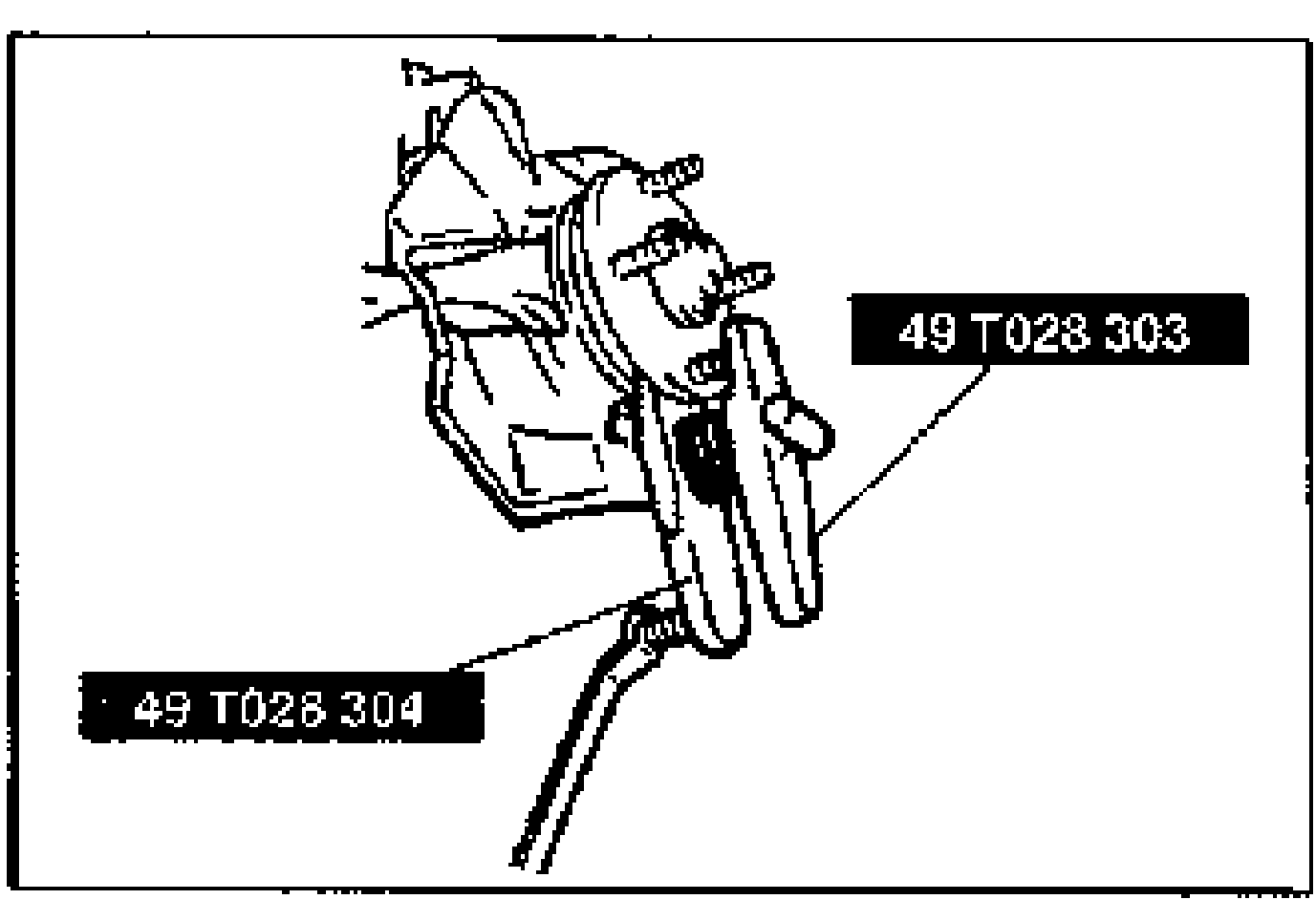 Removing the wheel hub bolt using SSTs. The puller body (49 T028 303) and attachment (49 T028 304) are clamped to the wheel hub to press out the hub bolt.