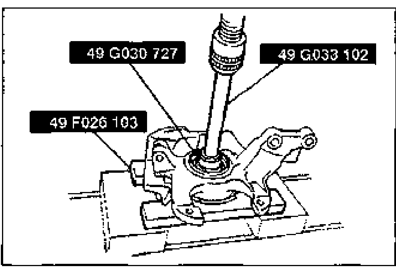 SSTs set up on the knuckle to press out / remove the front wheel hub assembly. Three tool labels point to the rig: 49 G030 727, 49 G033 102, and 49 F026 103.