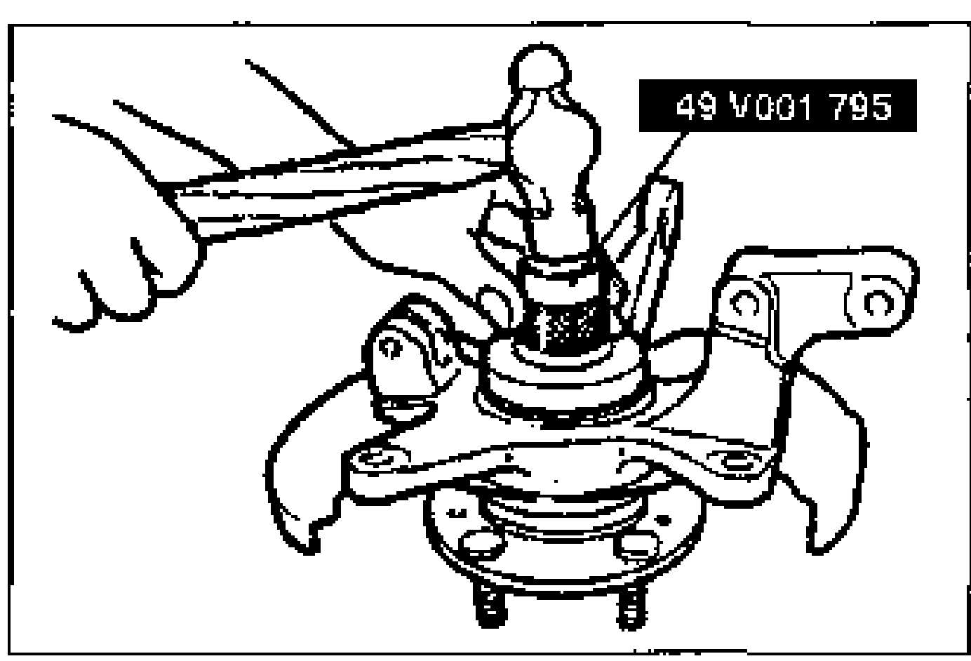 Hand using the SST and a hammer to tap a new oil seal into the steering knuckle. Tool label: 49 V001 795.