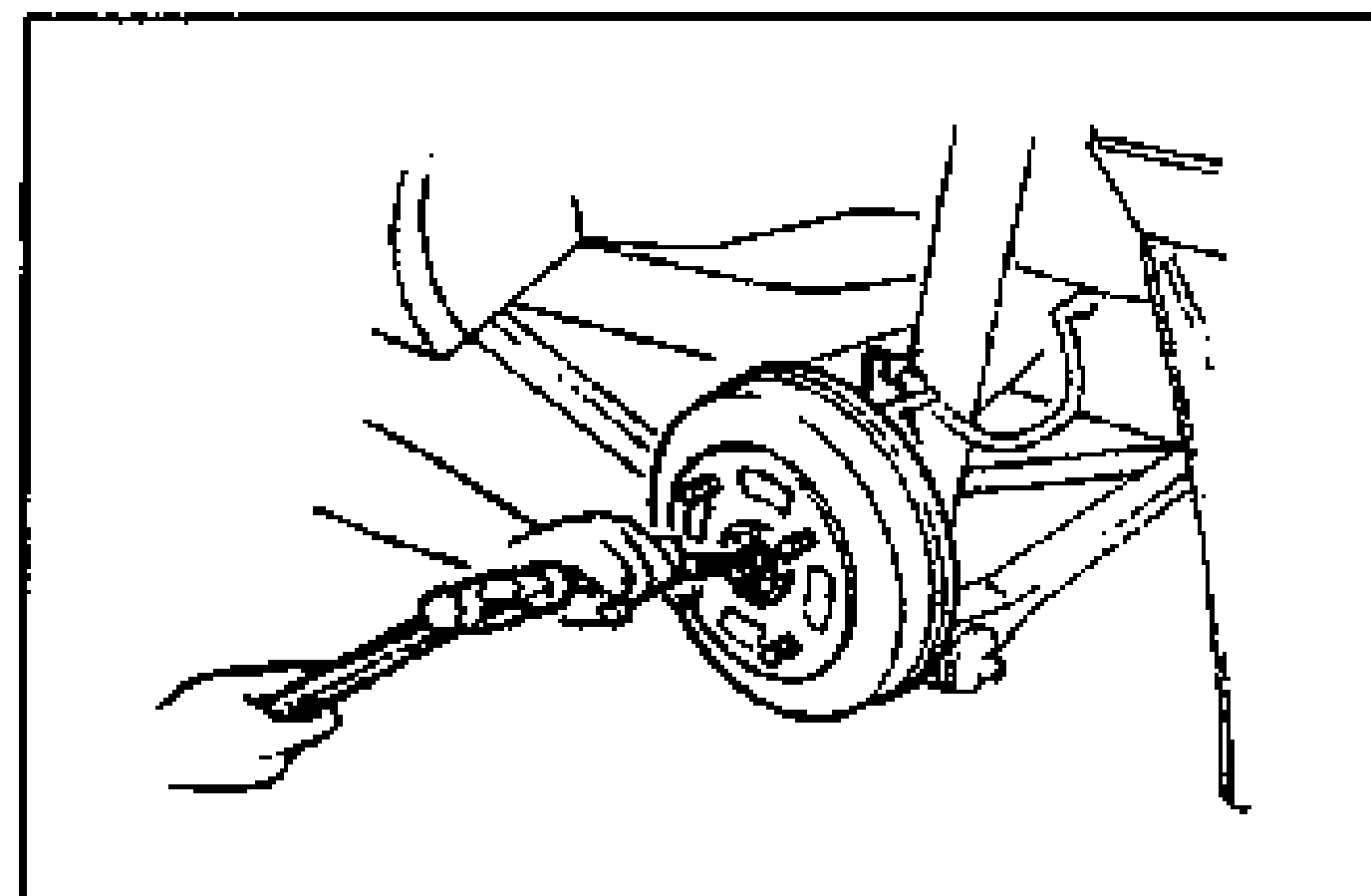 Rear drum-brake hub on the trailing arm with the parking brake cable attached, illustrating the locknut removal note (locking the hub by applying the brakes).