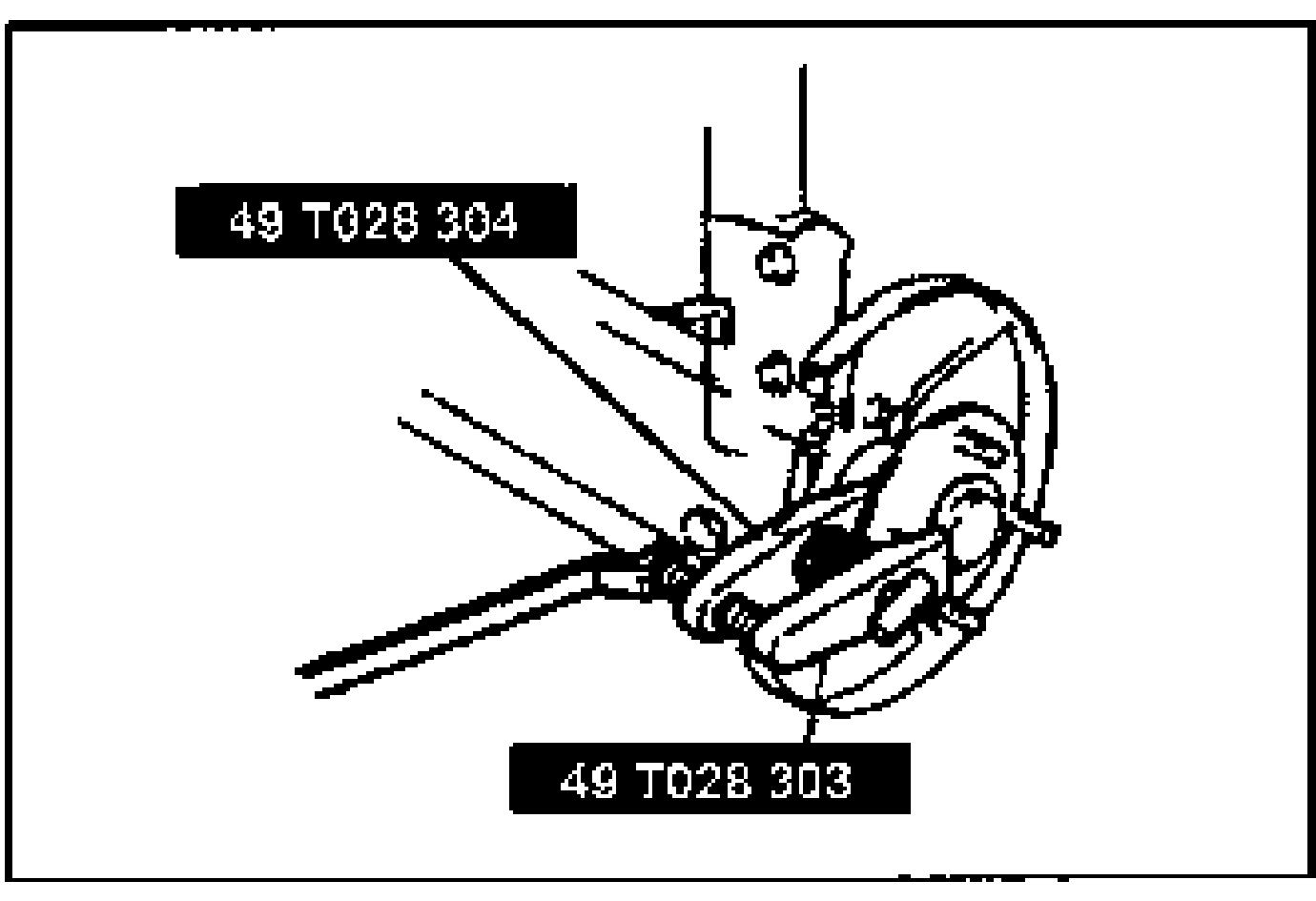 SSTs used to remove the wheel hub bolt on the disc-brake hub. Tool labels: 49 T028 304 and 49 T028 303.