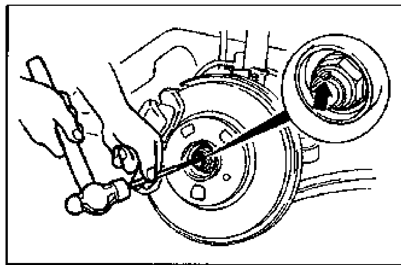 Rear disc-brake hub on the trailing arm with a chisel applied to the locknut; an inset (upper right) shows the locknut detail. Illustrates knocking the crimped portion of the locknut outward and locking the hub by applying the brakes.