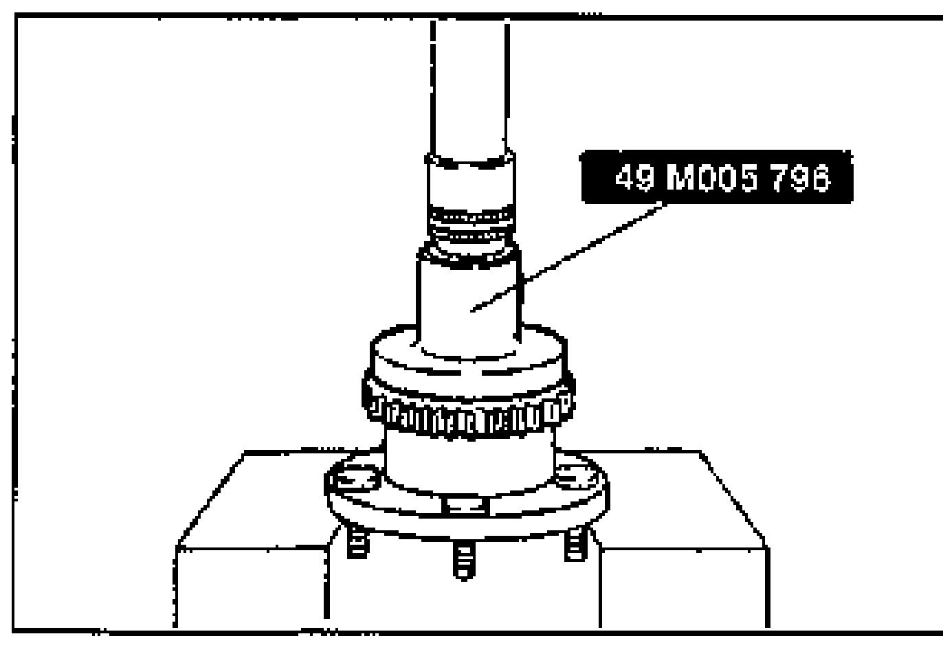 Assembly illustration showing pressing a new rear ABS sensor rotor onto the wheel hub using a steel plate and the SST. The SST is labeled 49 M005 796.
