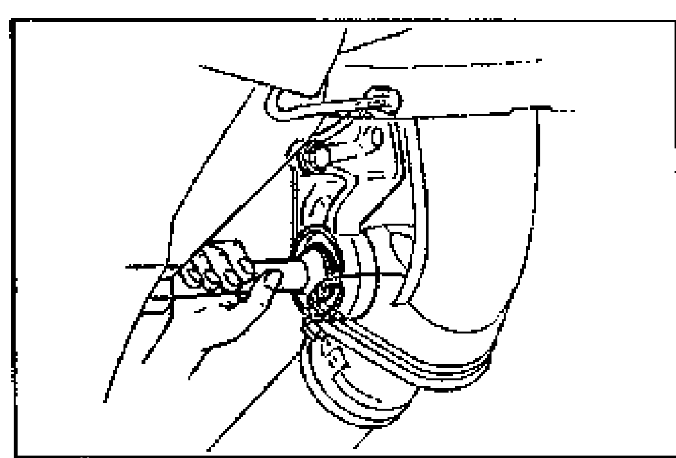 Preinspection illustration of the joint shaft. A hand turns the joint shaft to check that the bearing rotates smoothly; the shaft enters the transaxle/joint shaft bracket.