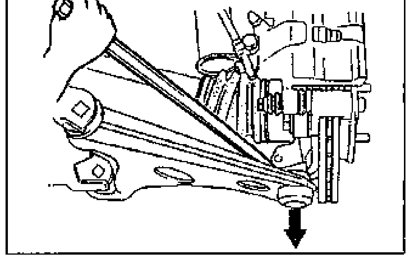 Illustration of prying down on the lower arm with a pry bar to disconnect the lower ball joint, freeing the right drive shaft and axle.