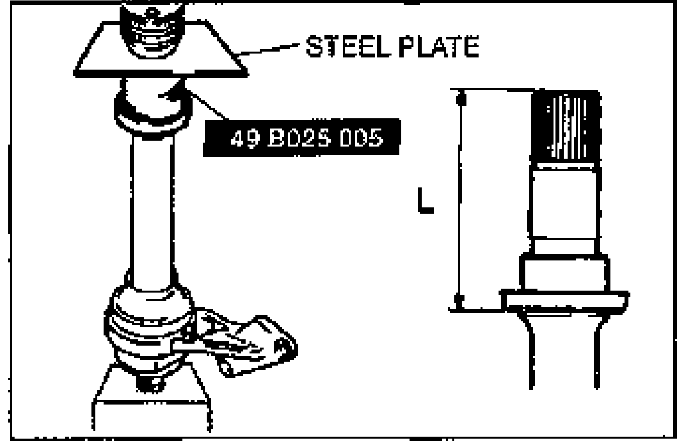 Pressing in the dust cover to the marked position using a steel plate and SST 49 B025 005, with the resulting length L shown on the shaft at right.