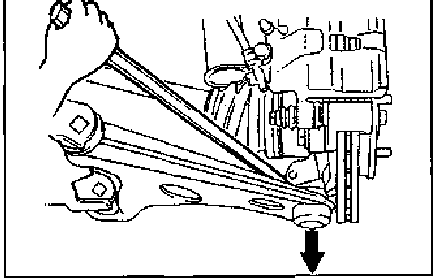 Drive shaft removal: prying down on the lower arm to disconnect the ball joint. Downward arrow indicates direction.