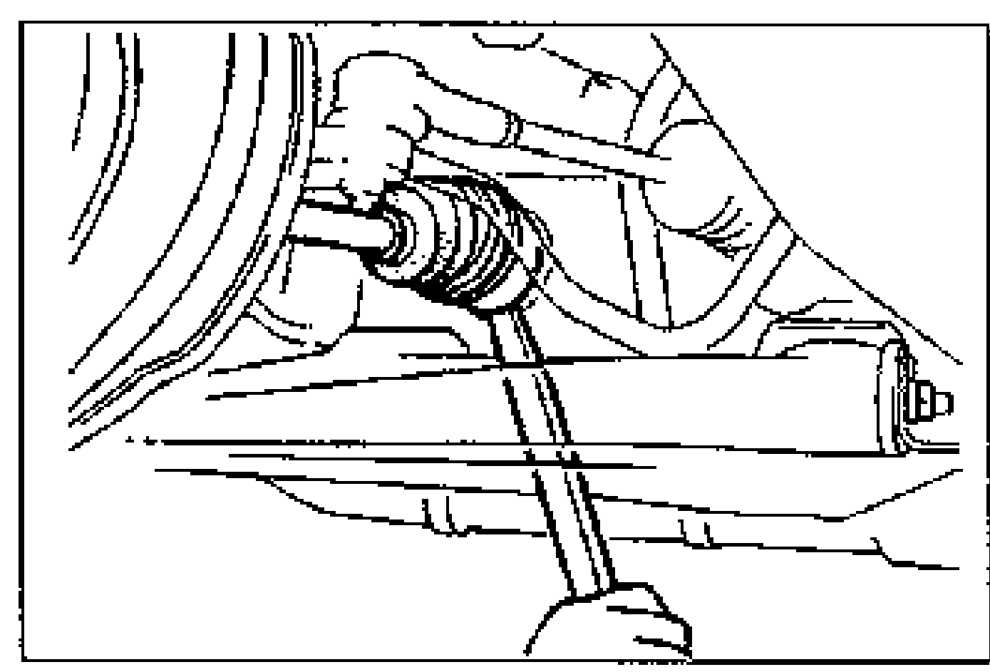 Line drawing of the left-side drive shaft being separated from the transaxle by prying with a bar inserted between the outer ring and the transaxle. A pry bar is shown levering at the joint near the transaxle housing.