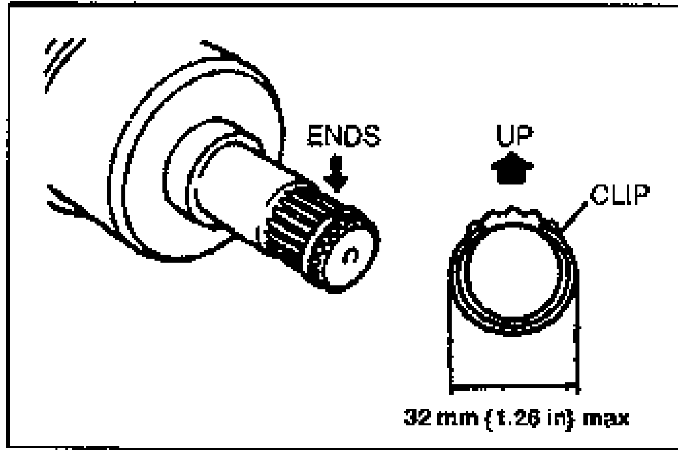 Line drawing of the drive shaft end splines and a clip, with arrows labeled ENDS (down) and UP indicating clip orientation. Dimension below the clip reads 32 mm (1.26 in) max for the clip outer diameter.